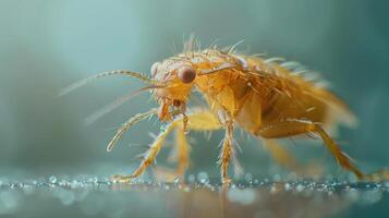 A close-up of a yellow fly with large eyes and spiky legs. photo