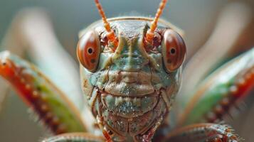close-up of a grasshopper's head and antennae photo