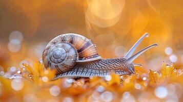 A snail in an autumnal scene with orange leaves and dew photo