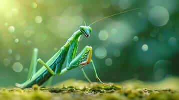 Close-up of a praying mantis on a green leafy background photo