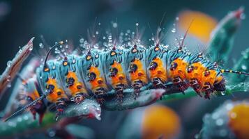 Close-up of a colorful caterpillar on a branch. photo