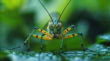 Close-up of a praying mantis with yellow and black spots photo