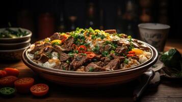 A large bowl of beef and noodles with vegetables photo