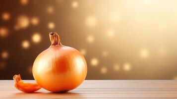 A whole onion on a wooden table. photo