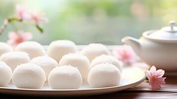 Platter of steamed buns on a wooden table. photo