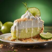 Slice of key lime pie with whipped cream and crumb topping photo