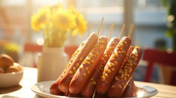 A plate of hot dogs with mustard and ketchup. photo