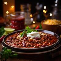 Delicious bowl of chili with toppings and garnishes photo