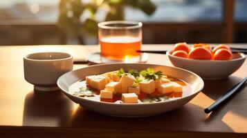 Tofu and fruit on a table with chopsticks photo