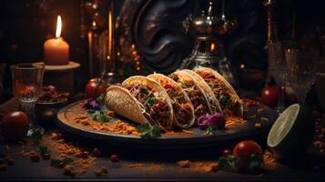 A platter of tacos with various toppings and a glass of wine. photo