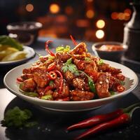 Bowl of chicken dish with red and green peppers photo