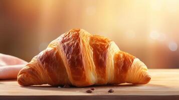 A golden brown croissant on a table. photo