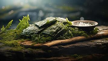 Close-up view of wet seaweed on a wood surface with a bowl of ice nearby photo