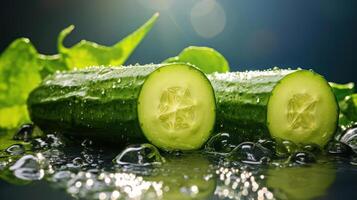 Cucumbers on a table with leaves photo