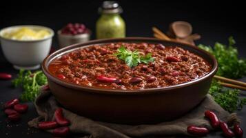 Bowl of chili with beans and ground beef. photo