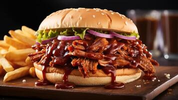 Pulled pork burger with fries and BBQ sauce photo
