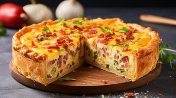 A quiche with a golden crust and filling visible photo