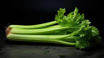 A bunch of celery stalks with leaves on a black background photo