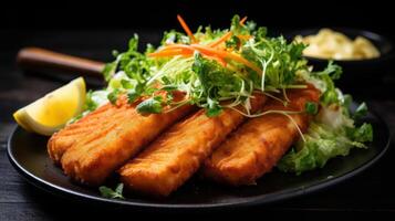 Fish fillets with salad on a plate photo