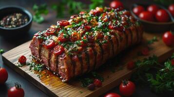 Roasted pork with tomatoes and herbs on a wooden board photo