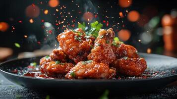 Chicken wings on a plate with sauce and garnish photo