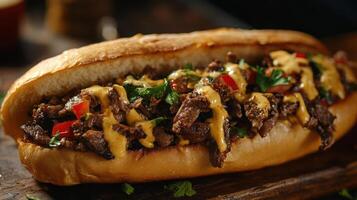 A close-up shot of a cheesesteak sandwich on a wooden table photo