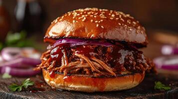 A pulled pork sandwich with barbecue sauce and red onion photo