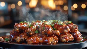 Glossy glazed chicken wings with green onion garnish photo