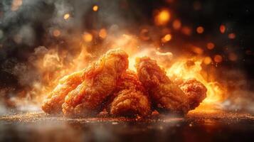 Close-up of spicy chicken wings with fire photo