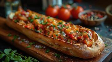 Tasty Sub Sandwich with Tomatoes and Basil photo