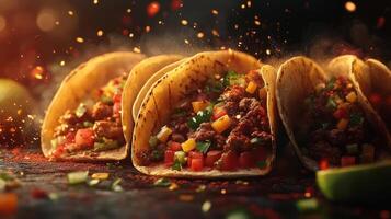 Tacos with seasoned meat and vegetables on a dark background photo