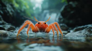 A bright orange crab on rocks in a stream. photo