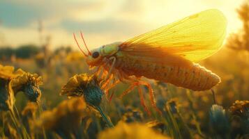 Close-up of a large insect in a field during sunset photo