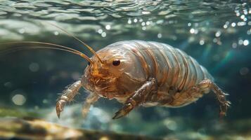 Underwater view of a crustacean swimming in water photo
