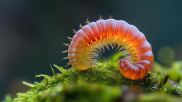A close-up of a millipede on mossy ground photo