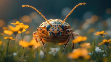 A close-up of a beetle in a field of grass and flowers. photo