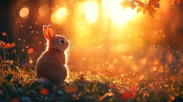 A rabbit sitting in a field at sunset. photo