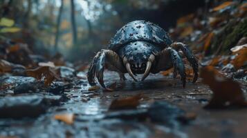 A large beetle crab with blue shell and sharp claws in a forest photo