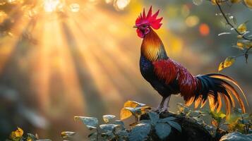 A rooster with a vibrant red comb and long tail feathers. photo