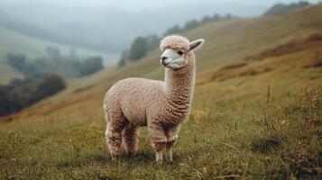 Alpaca standing in grassy field on a cloudy day photo