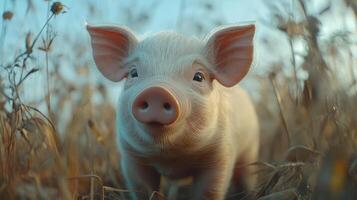 A small pig with large ears is in a field of wheat. photo