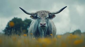 A close-up of a bull standing in a field. photo