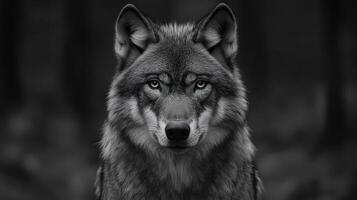 A close-up of a wolf's face with piercing eyes photo