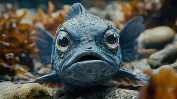 A close-up of a fish with large eyes and a sad expression. photo
