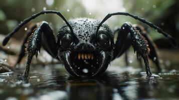 A close-up of a large ant with sharp teeth and long antennae photo