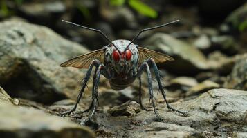 A detailed view of a large insect with striking red eyes and wing features. photo