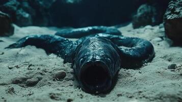 A large black eel with its mouth open lying on sand photo