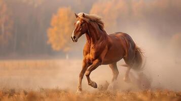 A horse running in the field with a foggy background photo