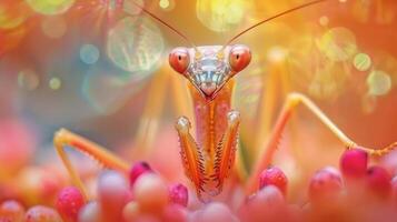 A close-up of a praying mantis on colorful berries. photo