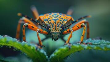 Close-up photograph of an insect perched on a leaf photo